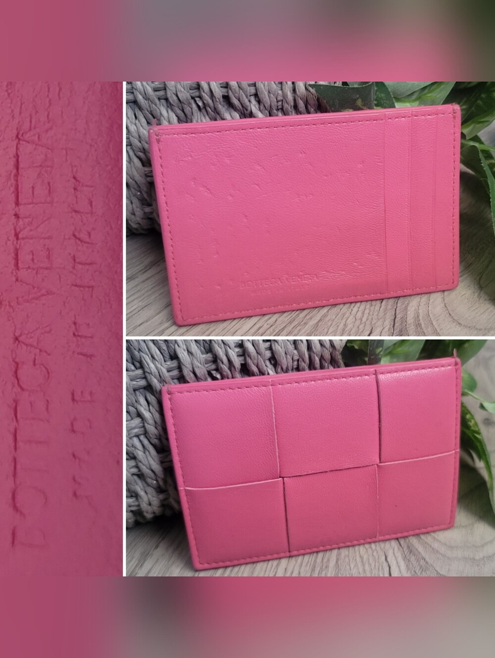 Bottega Veneta Pink Credit Card Case Calfskin Leather Woven Wallet, 4.5" x 3"